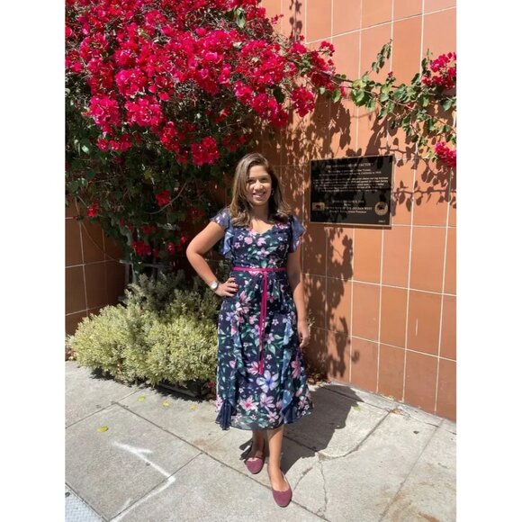 Marchesa Notte Blue Floral Chiffon Midi Gown Size 12 Flutter Sleeve Formal - Picture 7 of 15